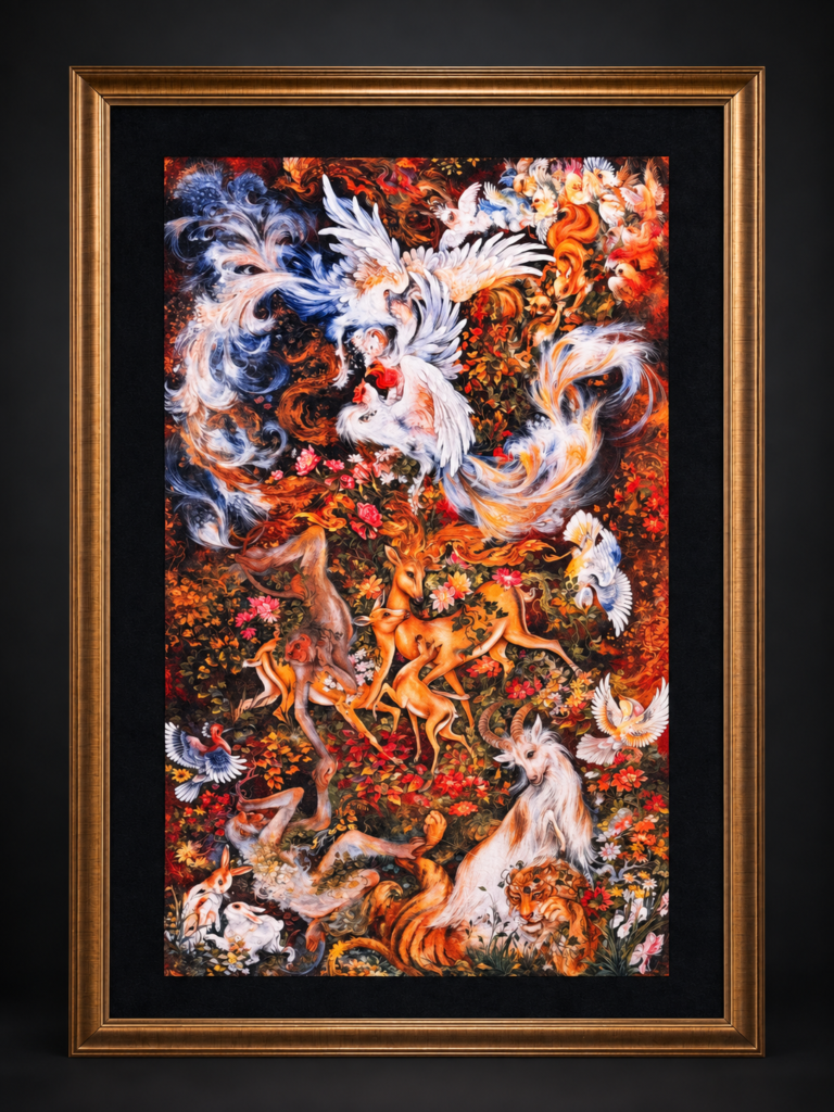 A framed vertical rug filled with gazelles, birds, a white horned animal and other creatures among flowers.