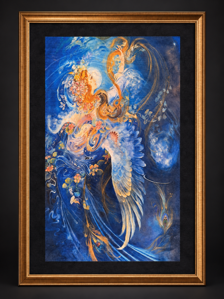 A framed vertical blue rug showing a flower-crowned figure among sweeping feather-like forms.