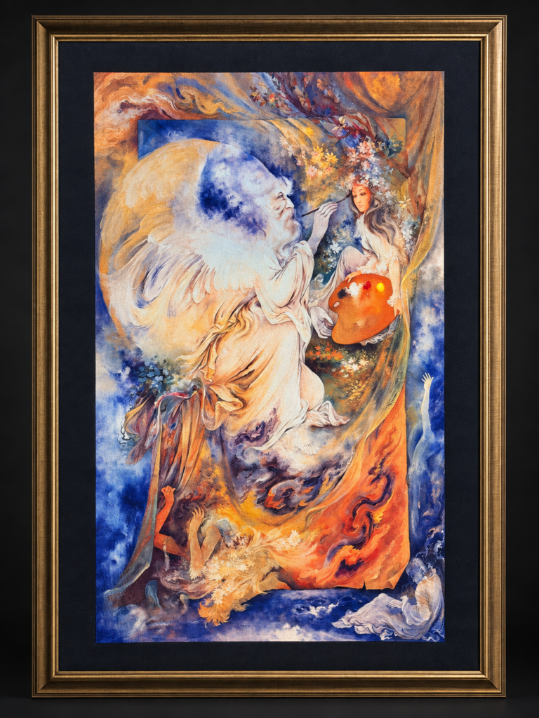 A framed vertical rug showing a white-bearded painter facing a woman, with a palette and flowing blue, ivory and orange forms.