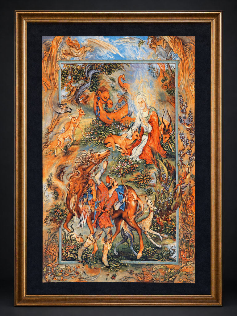 A framed vertical rug showing a seated protective figure with gazelles, a mounted hunter below, and a decorated woven border.