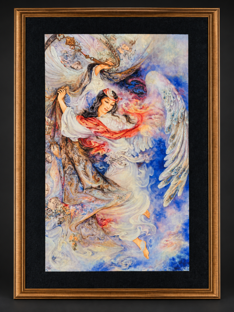 A framed vertical rug showing a musician in pale robes and a red sash, surrounded by blue and white flowing forms.