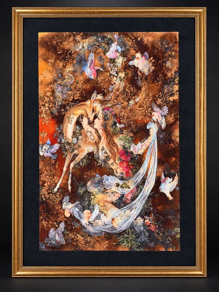 A framed vertical rug showing a woman embracing a gazelle among flowers and birds.