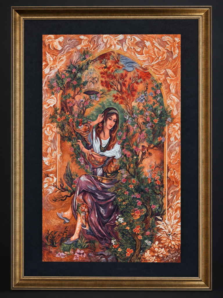 A framed vertical rug showing a seated woman beneath a hanging birdcage, surrounded by flowers and birds.